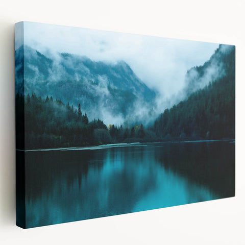 Side view of a stretched canvas featuring a realistic Seattle skyline in muted evening colors, suitable for kitchen wall art.